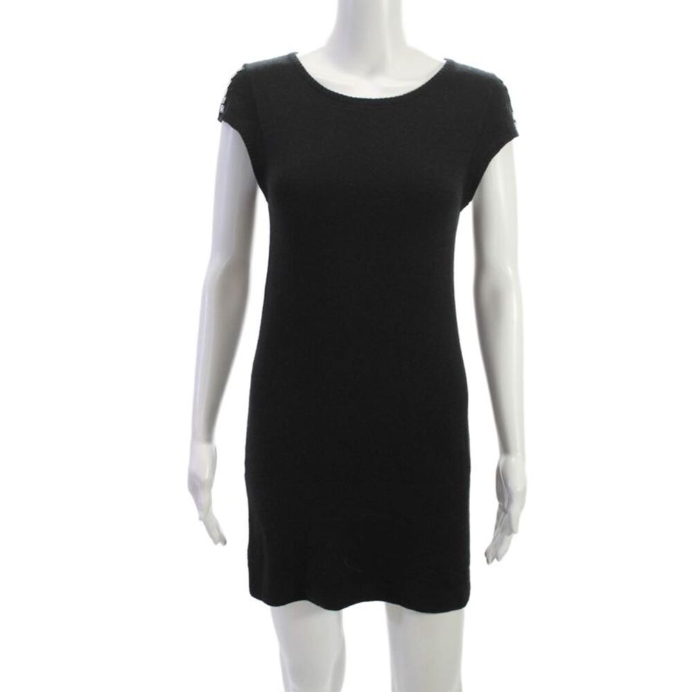 Isla Women Black Wool Mini Dress Short Sleeve Round Neck Pullover Size M
